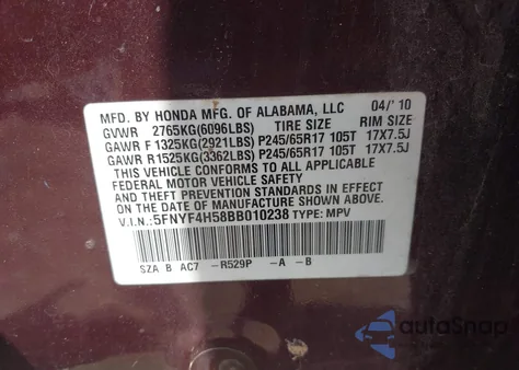 2011 Honda Pilot Ex-L z USA, uszkodzony, nr VIN 5FNYF4H58BB010238